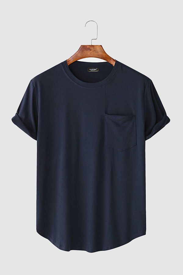VEAVEN-Men's Round Neck Oval Cut Basic T-shirt with Pockets Stk306-0000001-1-4 Navy Blue 1