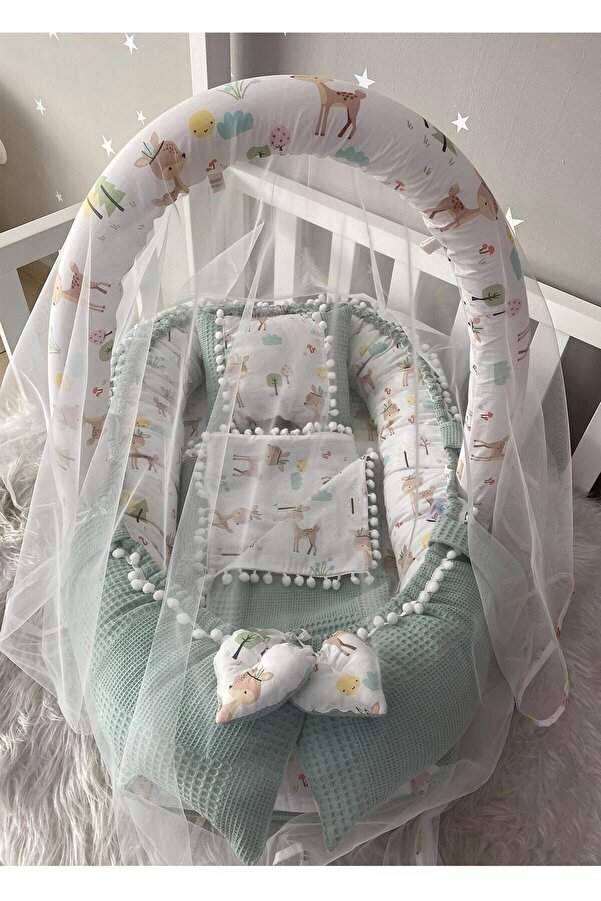 Jaju Baby Babynest Wafle Yeşil Pike Poplin Ponponlu Nest Ve Yorgan Oyuncak Aparat Ve Tül Set