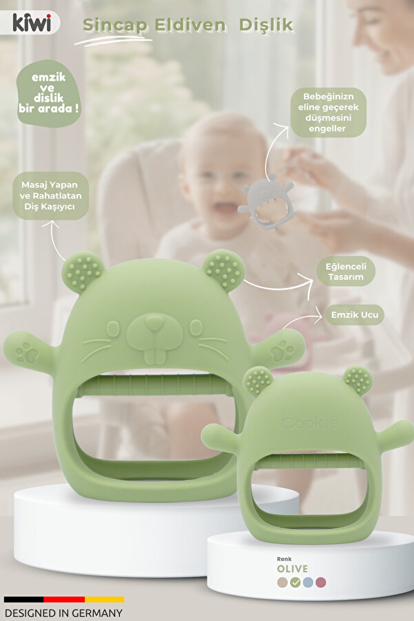 Kiwi Bebek Diş Kaşıyıcı, Emzik Uçlu Eldiven Şeklinde Oyuncak Sincap Dişlik, Olive Renk