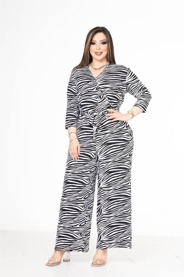 garajmood-Zebra Patterned Plus Size Double Breasted Collar Jumpsuit 1