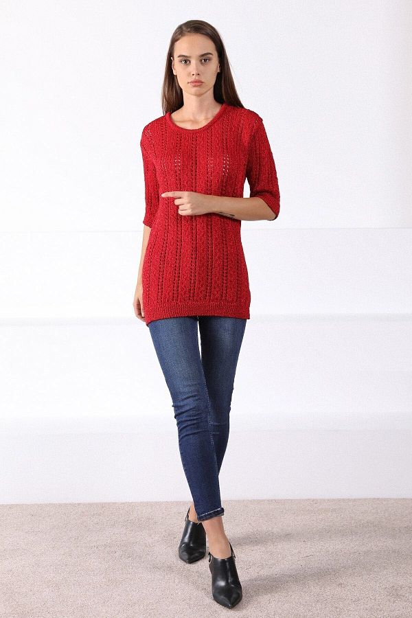Ferraro-Women's Red Round Neck Openwork Knitwear Sweater 1