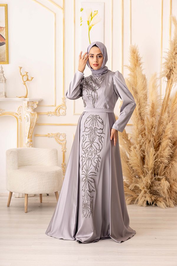 Modamart STAR Large Size Fish Model Hijab Evening Dress Rhinestone Pleat Detail K18245 Trendyol
