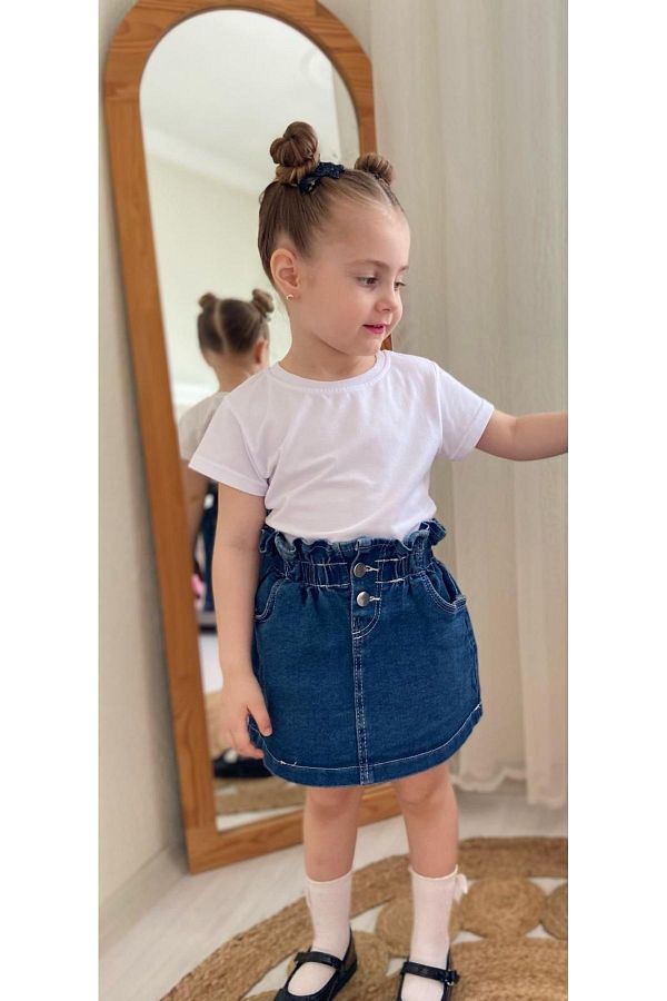DUDOR K DS GIRL S DENIM SKIRT AND WHITE T SHIRT DOUBLE SET Trendyol