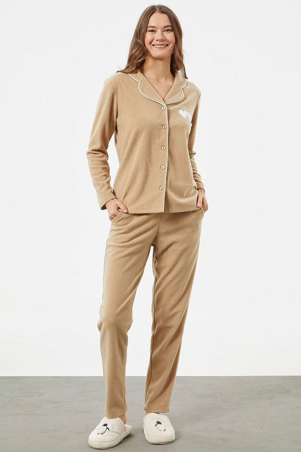 Sementa Shirt Collar Buttoned Fleece Pajama Set Camel Trendyol