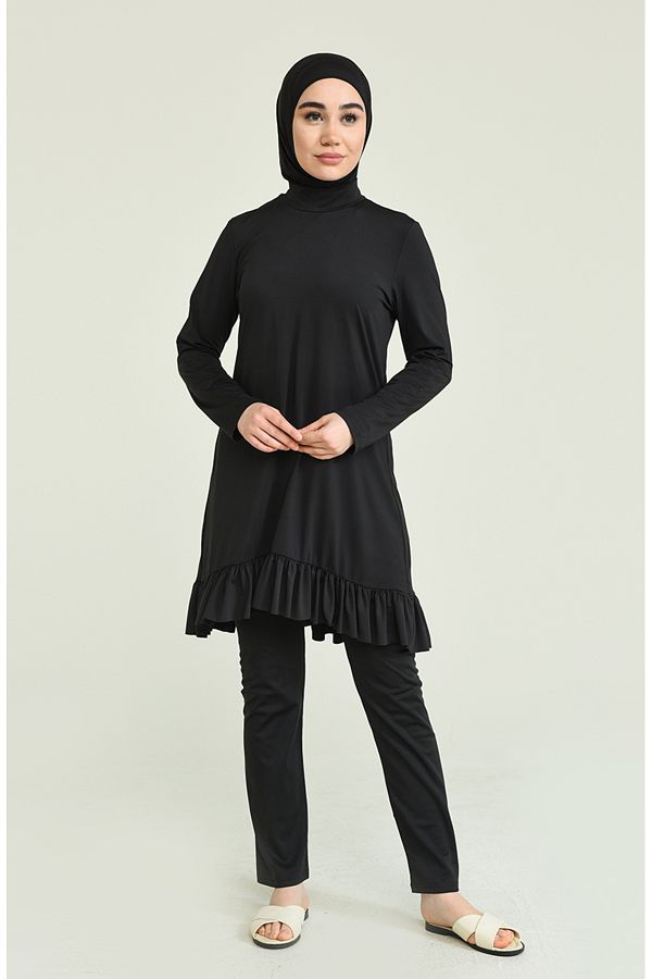sefamerve-Schwarzer Hijab-Badeanzug mit Rüschensaum in Übergröße – 2218-01 1
