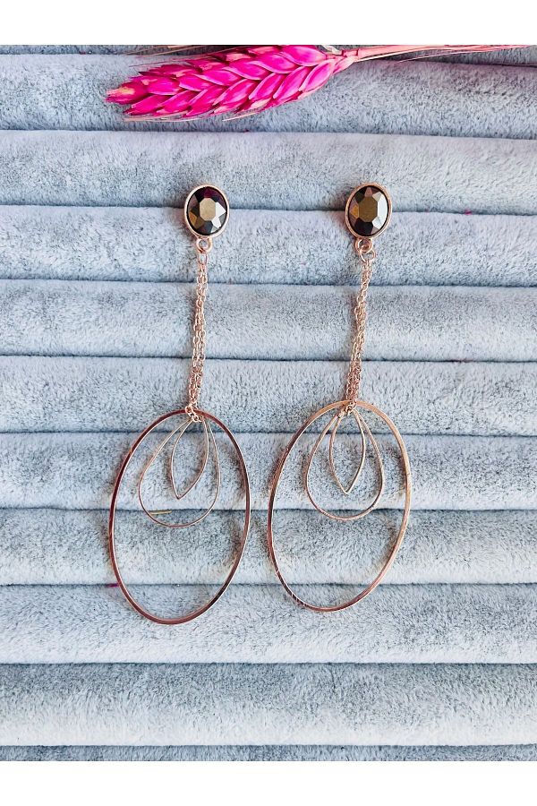 COCOSH TAKI Rose gold long model oval stone modern design evening dress earrings Trendyol