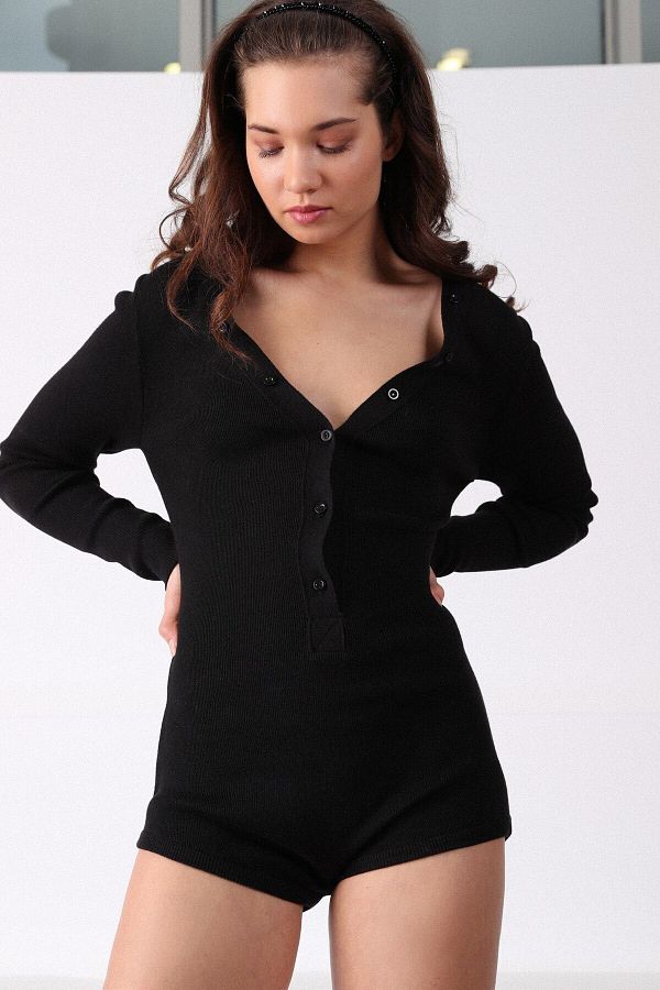 Ferraro-Women's Black V-Neck Buttoned Short Knitwear Jumpsuit 1