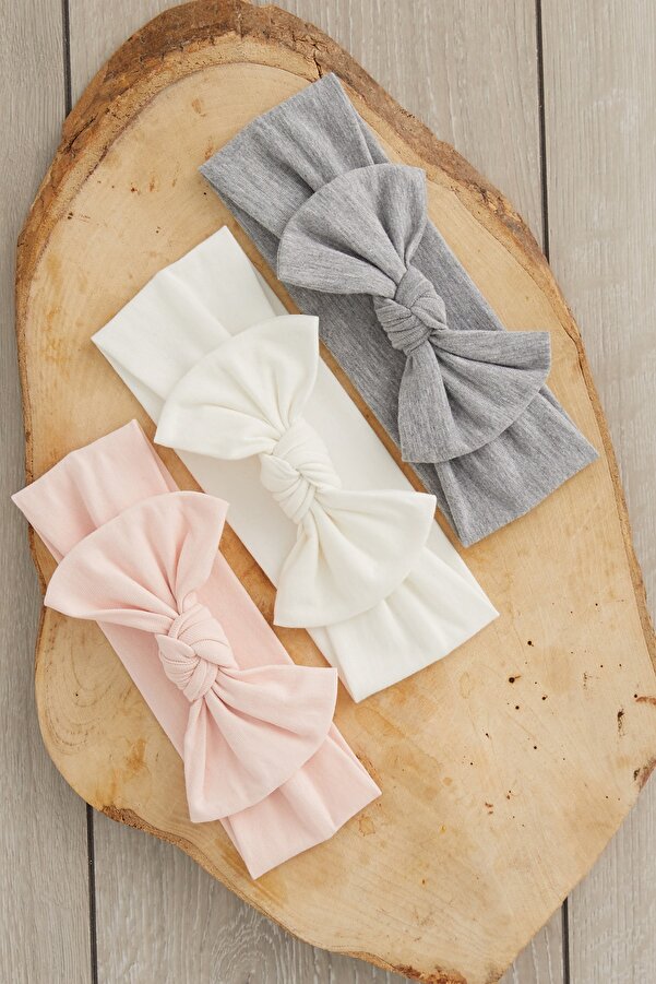 Babygiz El Yapımı Yumuşak Fiyonk Bağlamalı Doğal %100 Pamuklu Penye 3'lü Bebek Çocuk Kız Bandana Seti