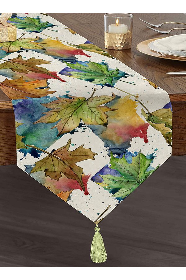 Realhomes-Autumn Leaf Patterned Digital Printed Special Design Tufted Chenille Triangle Runner on White Background 1