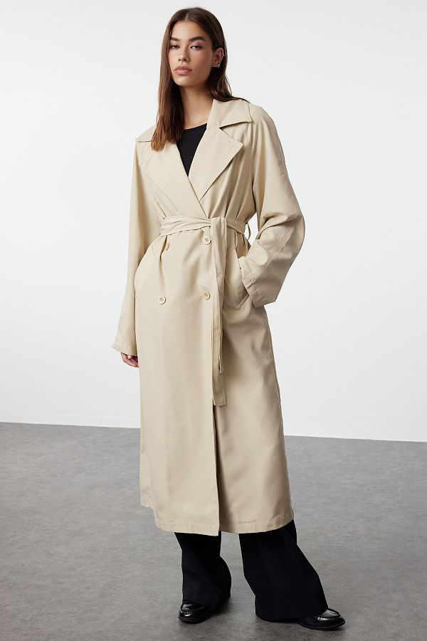Trendyol Collection Beige Oversize Wide Cut Chiffon Detailed Pleated Trench Coat TWOSS24TR00019 Trendyol