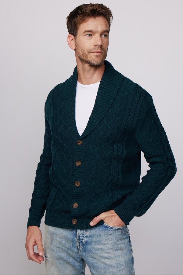 Tudors Men s Slim Fit Slim Fit Patterned Soft Textured Buttoned Green Cardigan Trendyol
