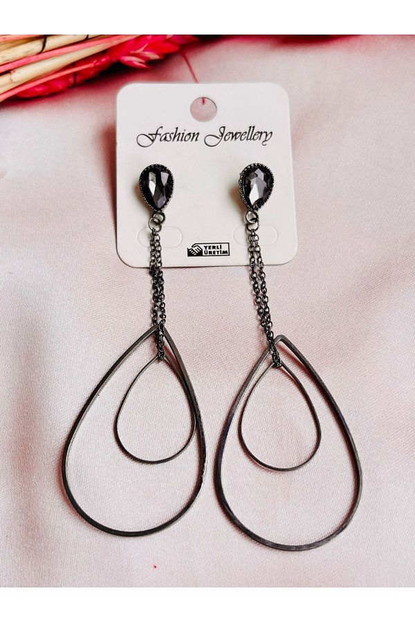 COCOSH TAKI Black stone oval long model modern design evening dress earrings Trendyol