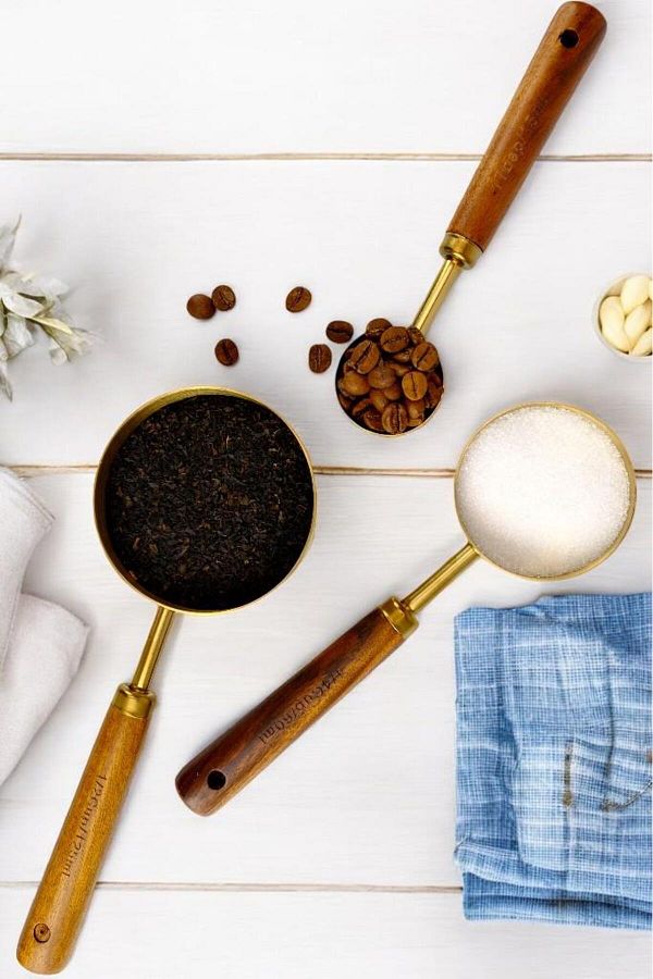 Digithome-3-Piece Steel Measuring Set with Wooden Handle - Coffee and Tea Container 125ml, 60ml and 15ml Gold C1- 1