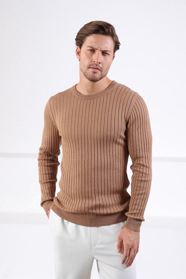 Ferraro-Camel Crew Neck Corded Men's Cotton Sweater 1
