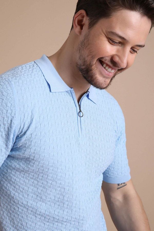 Ferraro-Tricou pentru bărbați, 100% bumbac, cu fermoar, cu guler polo albastru 1