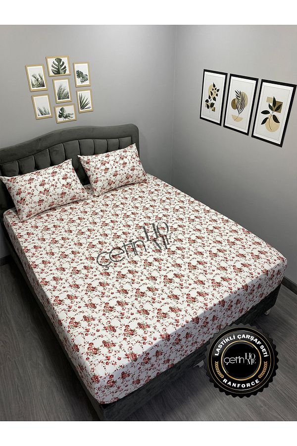 Çetinhome-Red Double and Oversized Gardenia Fitted Sheet Set 1