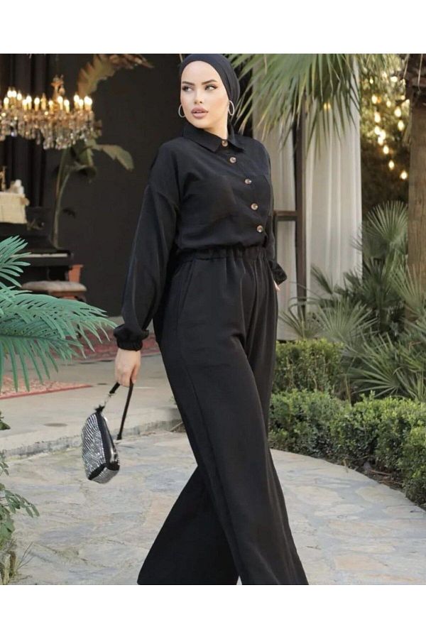 Y ld zistan Black Kupra Jumpsuit Pocket Rubber Waist Long Sleeve Loose Fit3360330 Trendyol