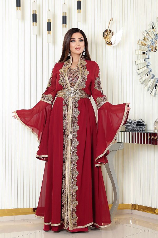 Helen Fashion Royal Caftan with Jewelled Pearls and Satin Inside Chiffon Caftan Designed with Accessories Trendyol