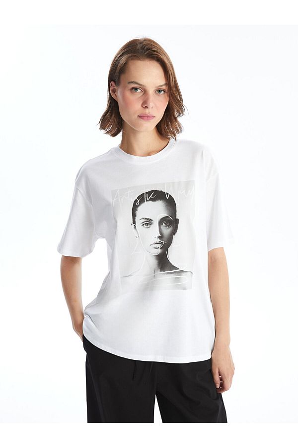 LC Waikiki-Tricou supradimensionat pentru damă - decolteu, imprimat, mânecă scurtă 1