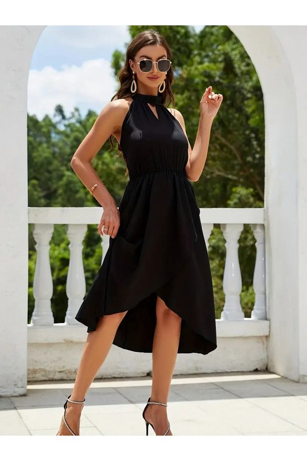 Motto10butik Janjan Crepe Dress Halter Neck Asymmetric Cut Open Sleeves Trendyol