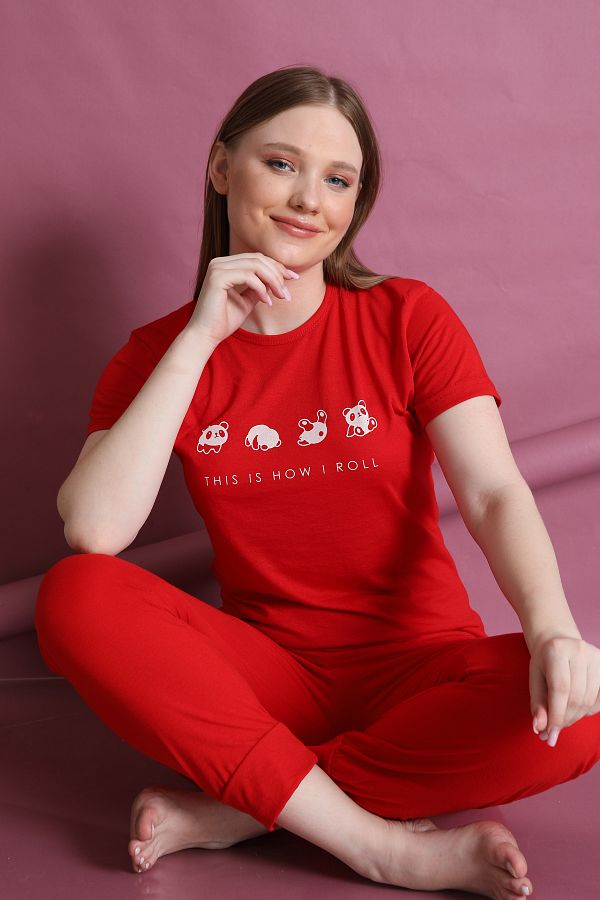 FAMES PİJAMA-Panda Patterned Short Sleeve Pajama Set 1