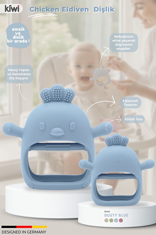 Kiwi Chicken Bebek Diş Kaşıyıcı Emzik Uçlu Eldiven Şeklinde Oyuncak Dişlik, Dusty Blue Renk