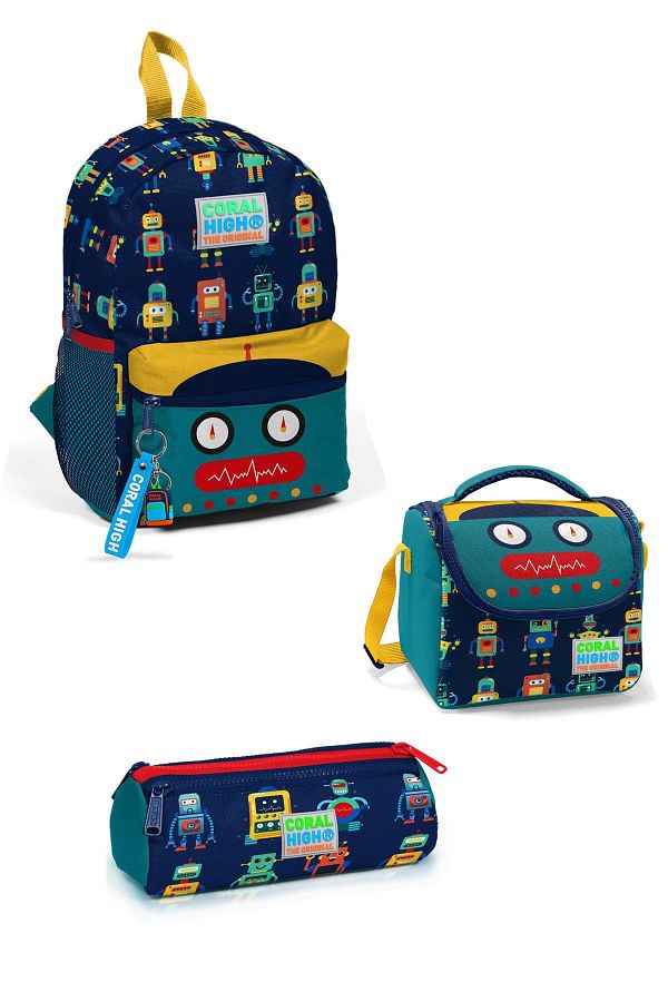 Coral High-Rucsac cu două compartimente cu model robot albastru închis - Set de 3 3SET23348 1