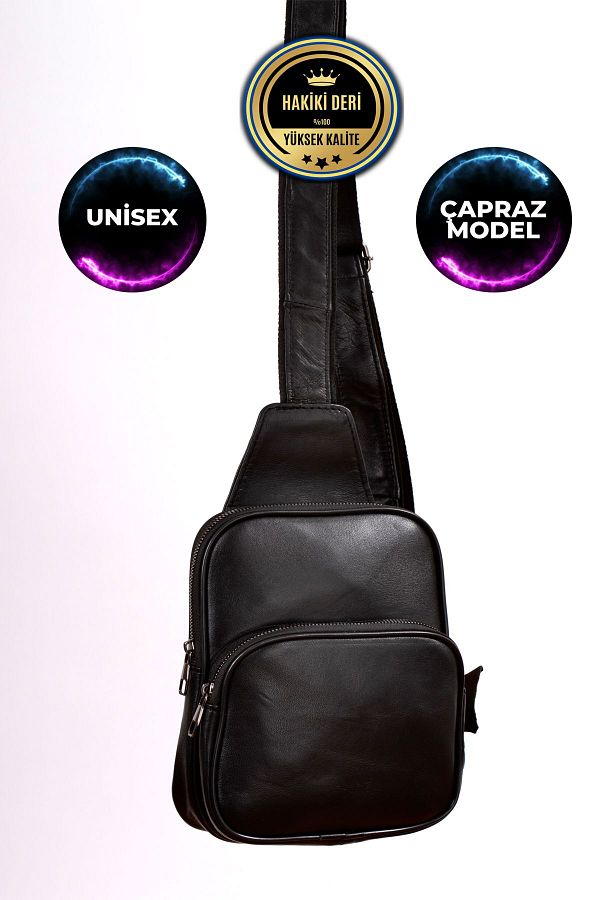 CüzCan-Unisex Black Genuine Leather - Cross Shoulder and Chest Bag 1