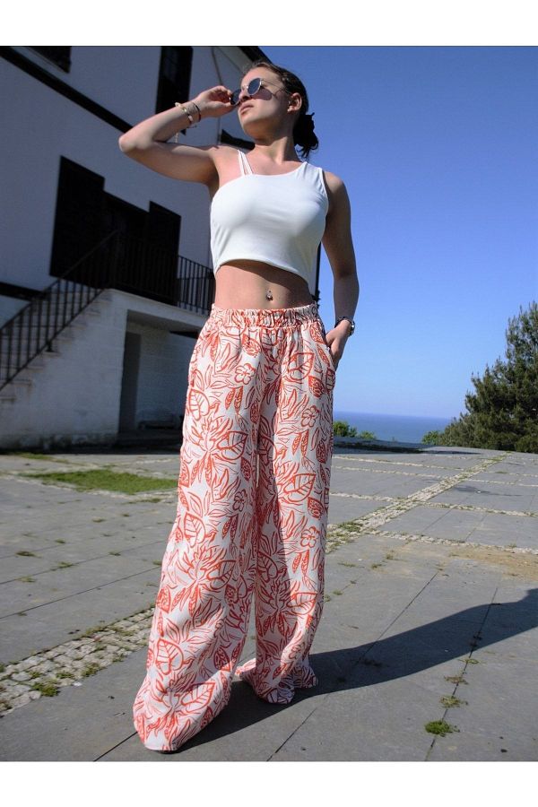 Pasakl Giyim Women s Linen Floral Patterned Orange Cream Summer Trousers with Elastic Waist3369220 Trendyol