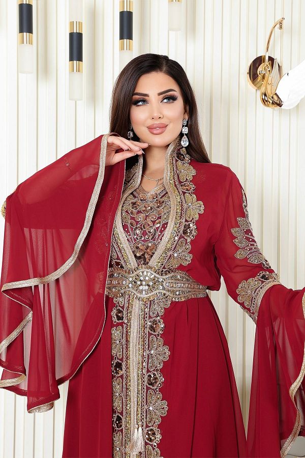 Helen Fashion Royal Caftan with Jewelled Pearls and Satin Inside Chiffon Caftan Designed with Accessories Trendyol