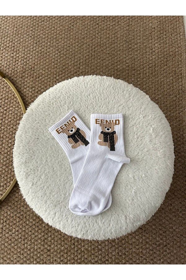 Mihra Women s Fendi White Socks with Teddy Bear Trendyol