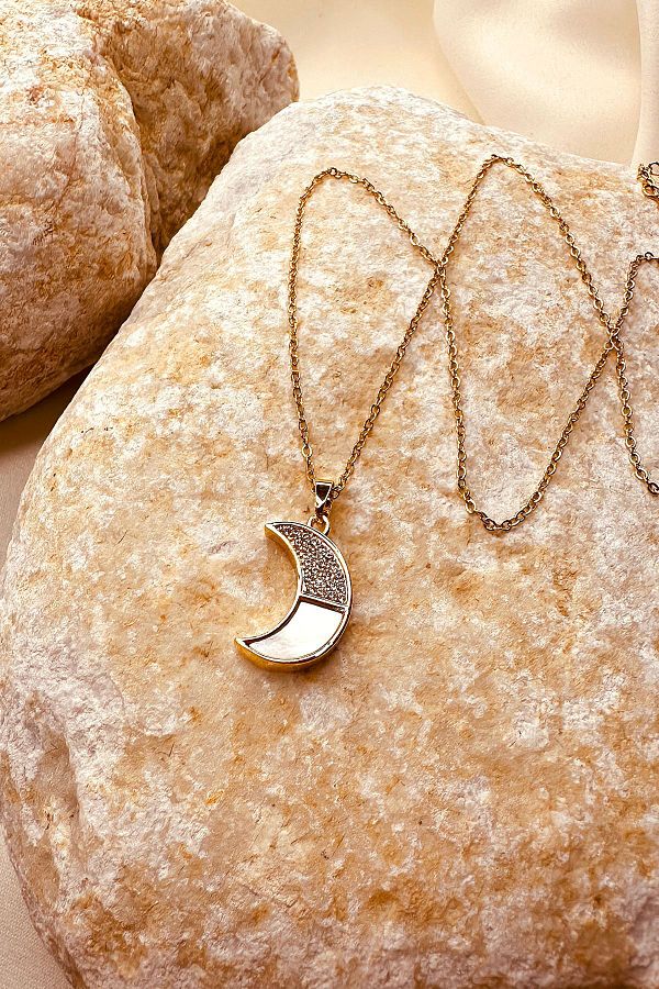 MOON ACCESSOR ES Moon Moon Design White Zircon Stone Gold Gold Color Women s Steel Chain Necklace Trendyol