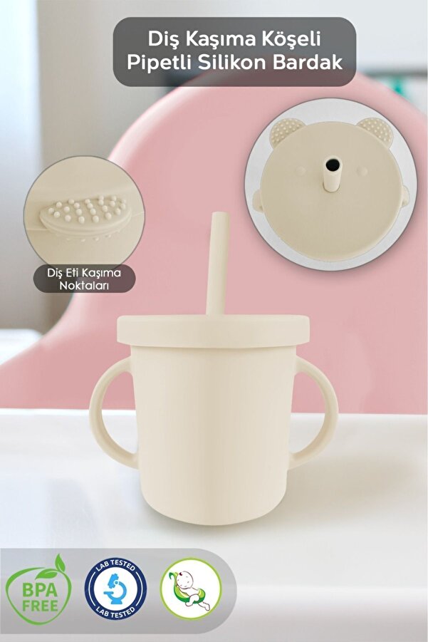 Meleni Baby Sızdırmaz Kapaklı , Silikon Pipetli Bebek Alıştırma Bardağı, Silikon Bebek Beslenme Bardağı-bej