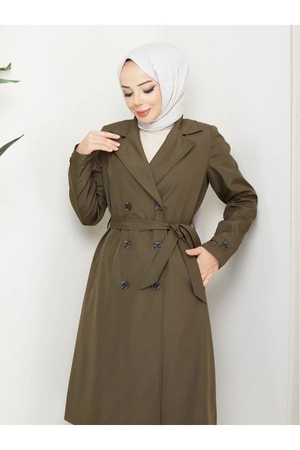 KMKkombin Large Size Buttoned Belted Trench Coat Trendyol