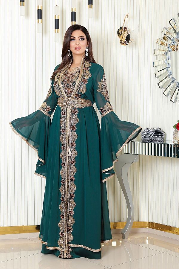 Helen Fashion Royal Caftan with Jewelled Pearls and Satin Inside Chiffon Caftan Designed with Accessories Trendyol