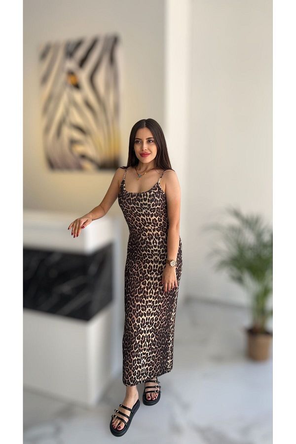 Butik Leopard Print Strappy Women s Long Dress Trendyol