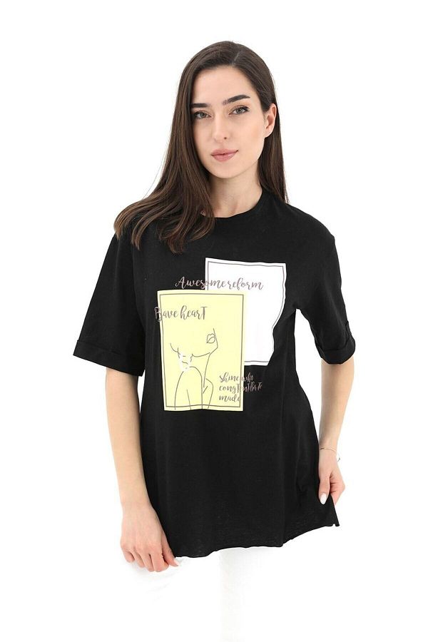Tienda Elegante Crew Neck Face Print T Shirt Black Trendyol
