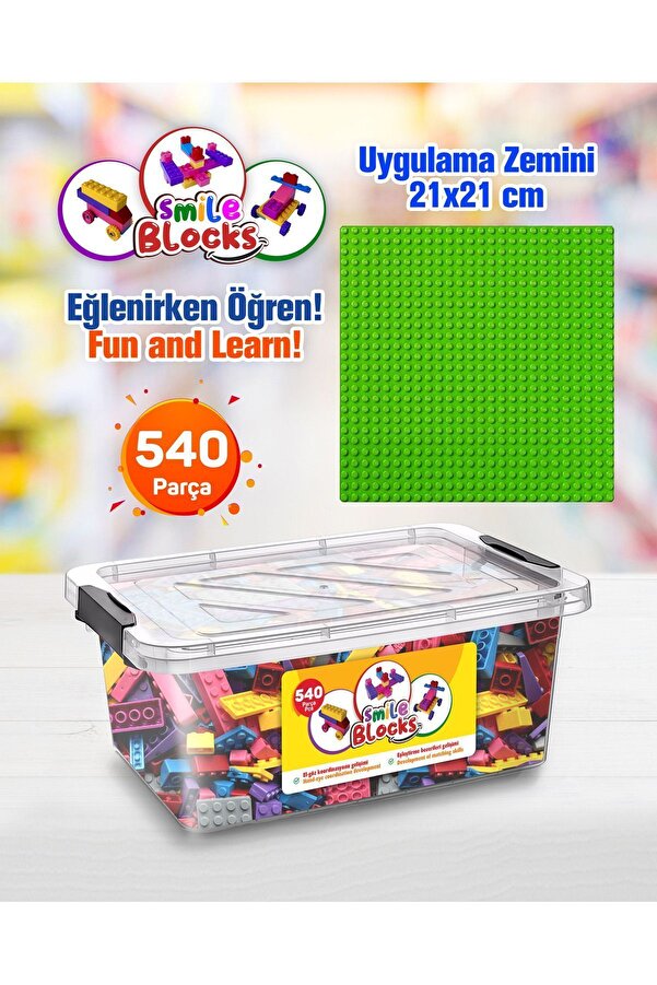 p parti oyunevi Smile Blocks 540 Parça Plastik Kutulu Mikro Blok Yeşil Uygulama Zeminli