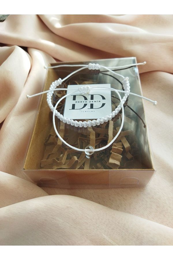 derokas-White Crystal Quartz String and Macrame Knitted Bracelet Set of 2 1