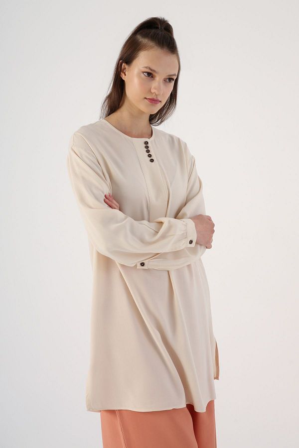 ALLDAY-Ecru Side Slits Viscon Wide Placket Comfortable Fit Tunic 1