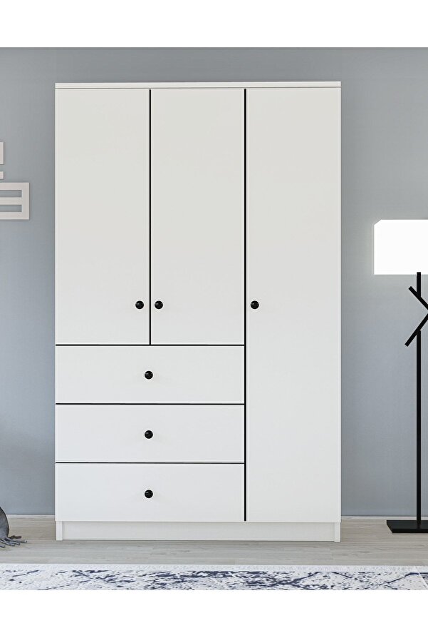 Metalia Gm 308 Ece Lüx 3 Kapı 3 Çekmeceli Düğme Kulplu Gardırop
