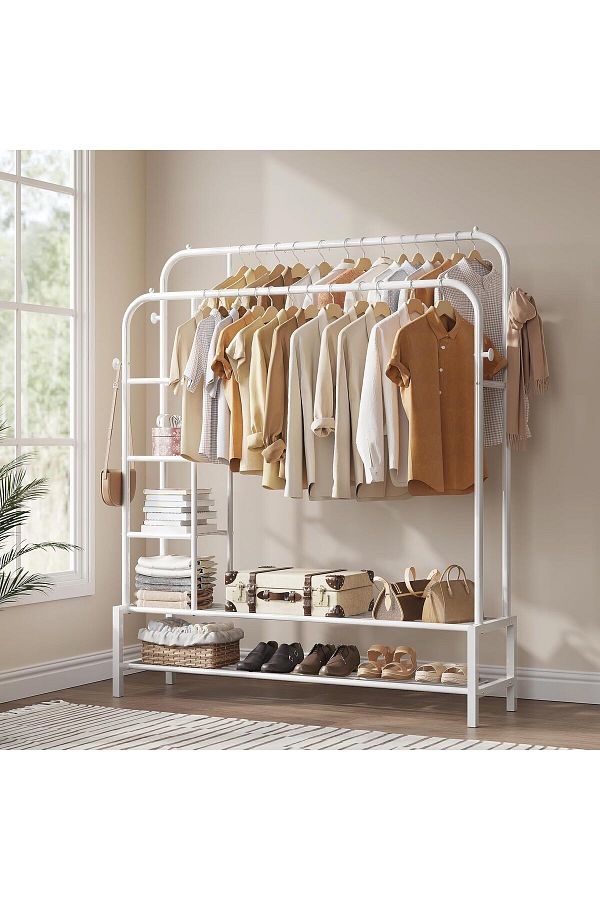 DubaiGallery Double Rods Portable Garment Rack for Hanging Metal Clothing Rack with Bottom Shelves and 4 Hooks Trendyol