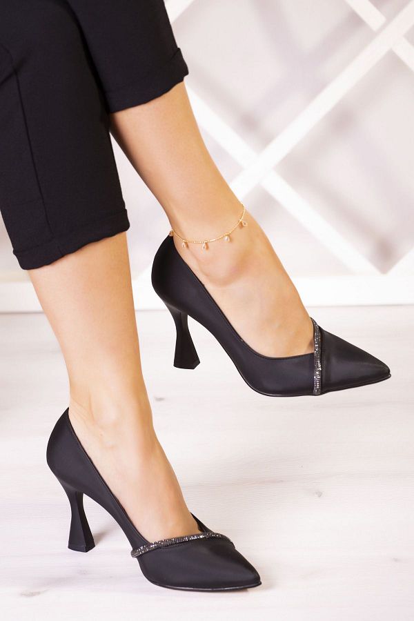 Erkan Sacmac Roland Black Satin Stone Goblet Heeled Stiletto 9 Cm