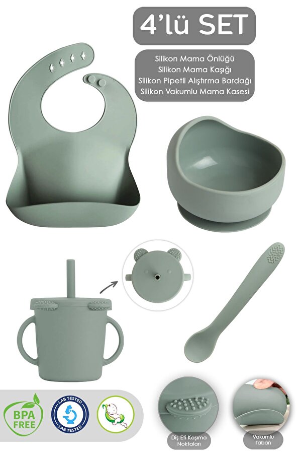 Meleni Baby 4'lü Silikon Beslenme Seti - Mama Önlüğü - Vakumlu Mama Kasesi - Pipetli Bardak - Kaşık - Yeşil