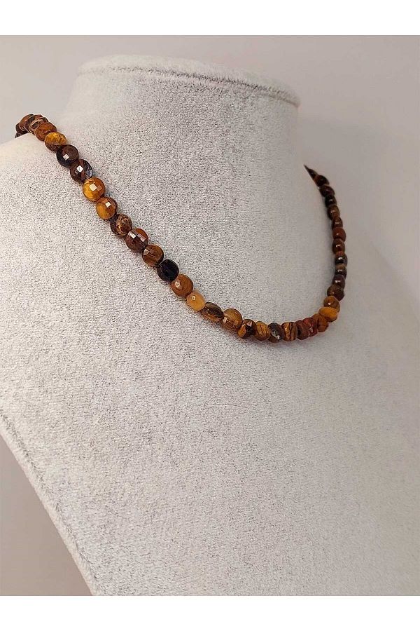 Yasamtohumu-YASSI Facet Cut Tiger Eye Stone Necklace - 6x4mm with Fixed Clip 1