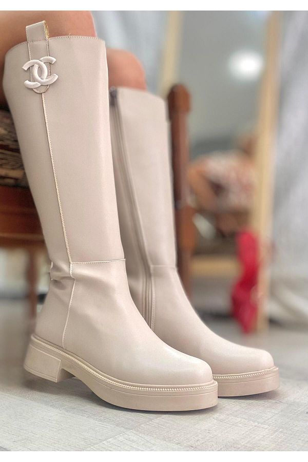 KAYGISIZ AYAKKABI Cream Colored Women s Knee High Boots Fashion and Comfort Leather Boots Trendy Women s Shoes Trendyol