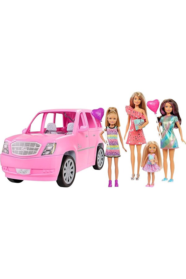Mattel Barbie Barbie'nin Aracı Ve Kız Kardeşleri Oyun Seti, 4 Bebek Ve Limuzin Parti Aksesuarı