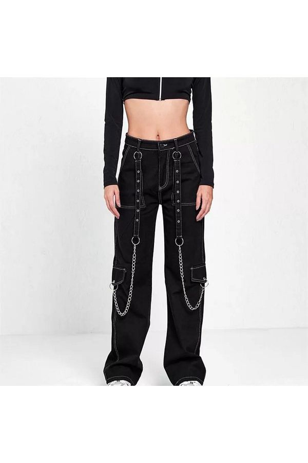Gofeel White Stitching Detailed Eyelet Chain Cargo Pocket Black Trousers Trendyol
