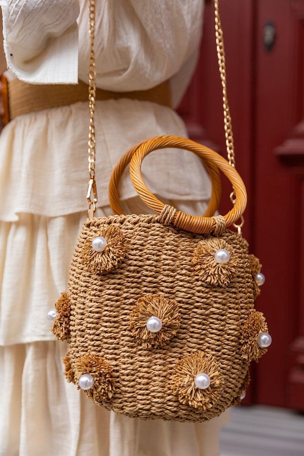 FASHION COCKTAIL Bohemian Tiny Straw Bag with Pearls and Tassels Wooden Handle and Drawstring Lining Trendyol