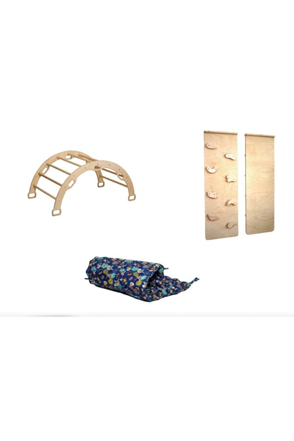 KIDOPPO Pikler Tırmanma Seti | Montessori Ahşap Dönence Ve Kemer Yastığı | kemer & Taşlı Rampa & Yastık